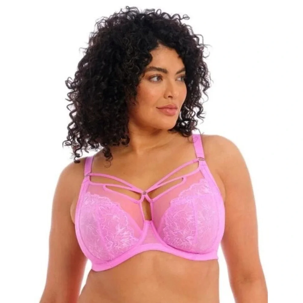 Elomi Brianna Plunge Bra 40H US 40FF Pink Strappy Lace Underwire EL8080VEK NEW